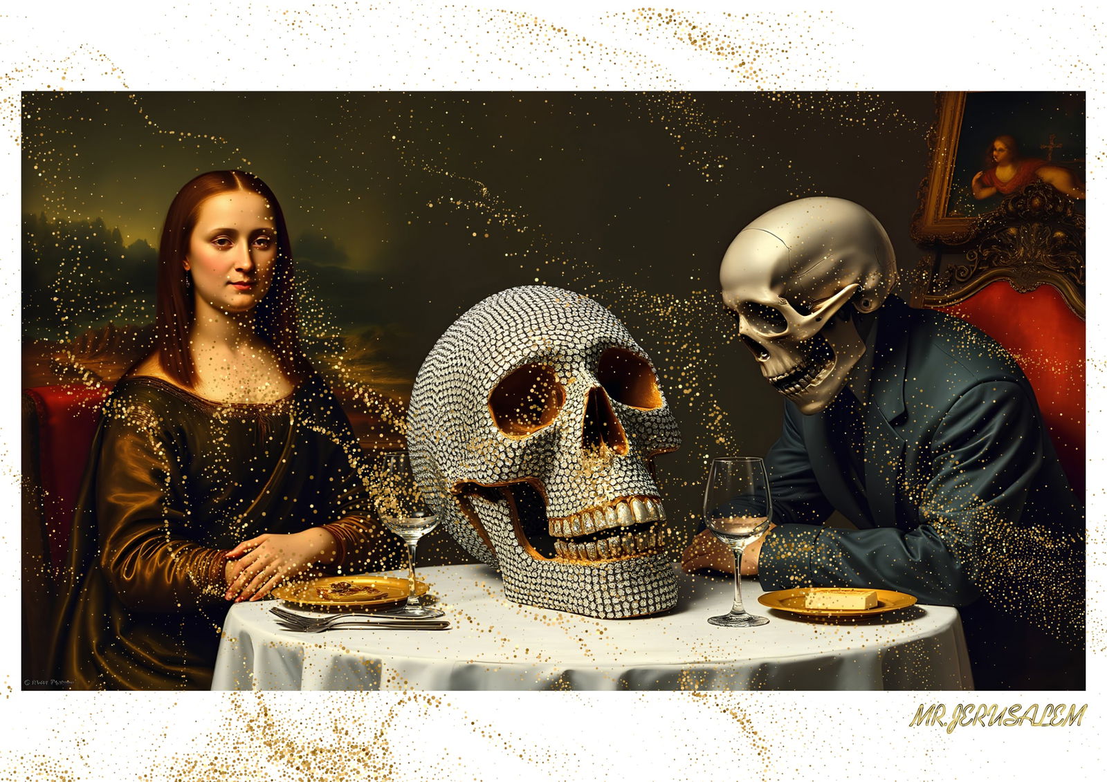 "Mr.Jerusalem, "Damien Hirst having dinner with Mona Lisa-D2" "Original, A2 Poster print, stam: Original A2 Poster Digital print on paper, Solid Finishing: Classic (250 gsm gloss) Artist Digital signature Stamped / seal Watermark seal Sizes- 420 X594mm Sold unframed