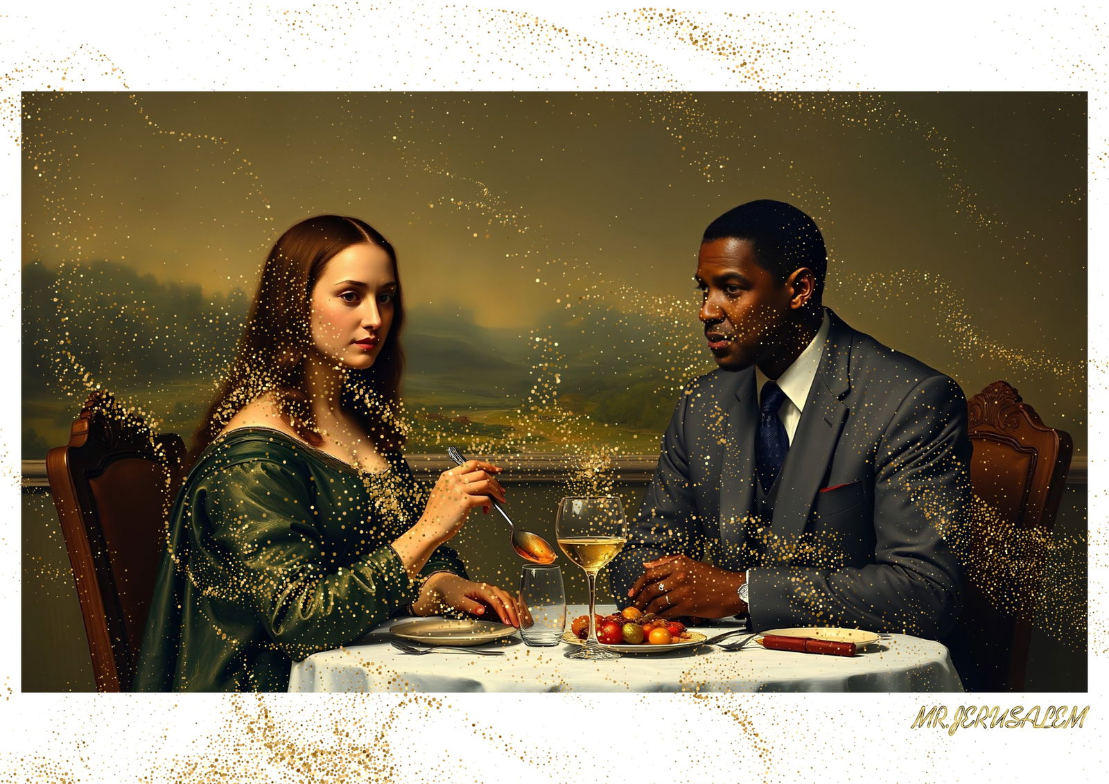 "Mr.Jerusalem, "Denzel Washington having dinner with Mona Lisa-D2" "Original, A2 Poster print,: Original A2 Poster Digital print on paper, Solid Finishing: Classic (250 gsm gloss) Artist Digital signature Stamped / seal Watermark seal Sizes- 420 X594mm Sold unframed