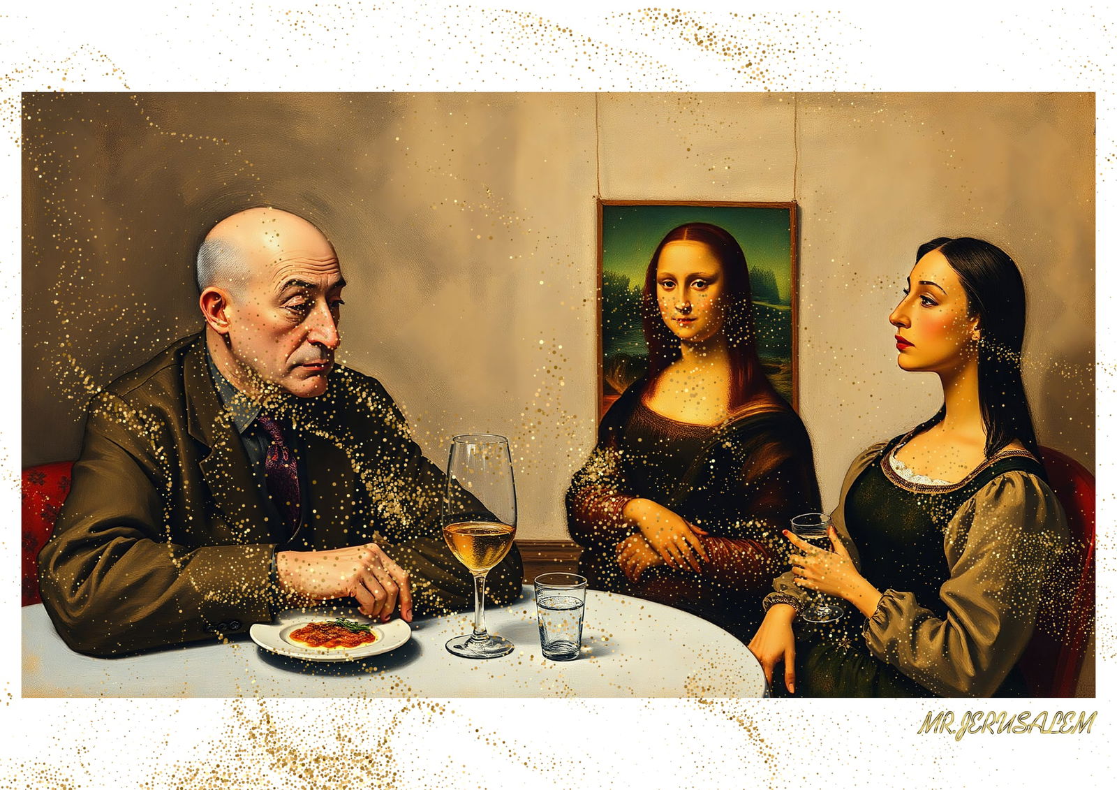 "Mr.Jerusalem, "Joan Miro having dinner with Mona Lisa-D2" "Original, A2 Poster print, stamped: Original A2 Poster Digital print on paper, Solid Finishing: Classic (250 gsm gloss) Artist Digital signature Stamped / seal Watermark seal Sizes- 420 X594mm Sold unframed