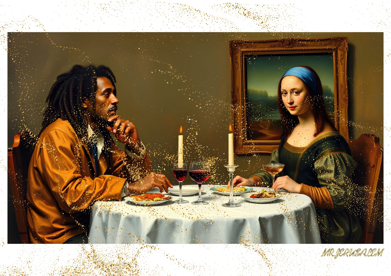 "Mr.Jerusalem, "Bob Marley having dinner with Mona Lisa-D1" "Original, A2 Poster print, stampe: Original A2 Poster Digital print on paper, Solid Finishing: Classic (250 gsm gloss) Artist Digital signature Stamped / seal Watermark seal Sizes- 420 X594mm Sold unframed