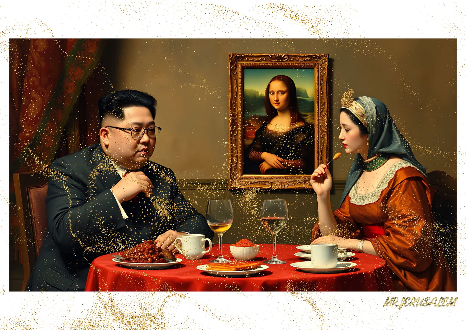 "Mr.Jerusalem, "Kim Jong-il having dinner with Mona Lisa-D2" "Original, A2 Poster print, stamp (1 of 2)