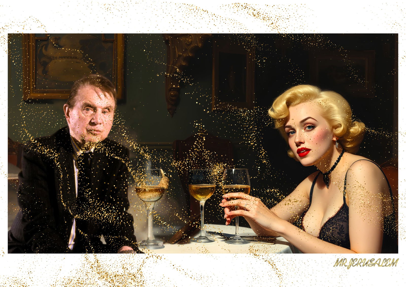 "Mr.Jerusalem, "Francis Bacon having dinner with Marilyn Monroe-D2" "Original, A2 Poster print: Original A2 Poster Digital print on paper, Solid Finishing: Classic (250 gsm gloss) Artist Digital signature Stamped / seal Watermark seal Sizes- 420 X594mm Sold unframed