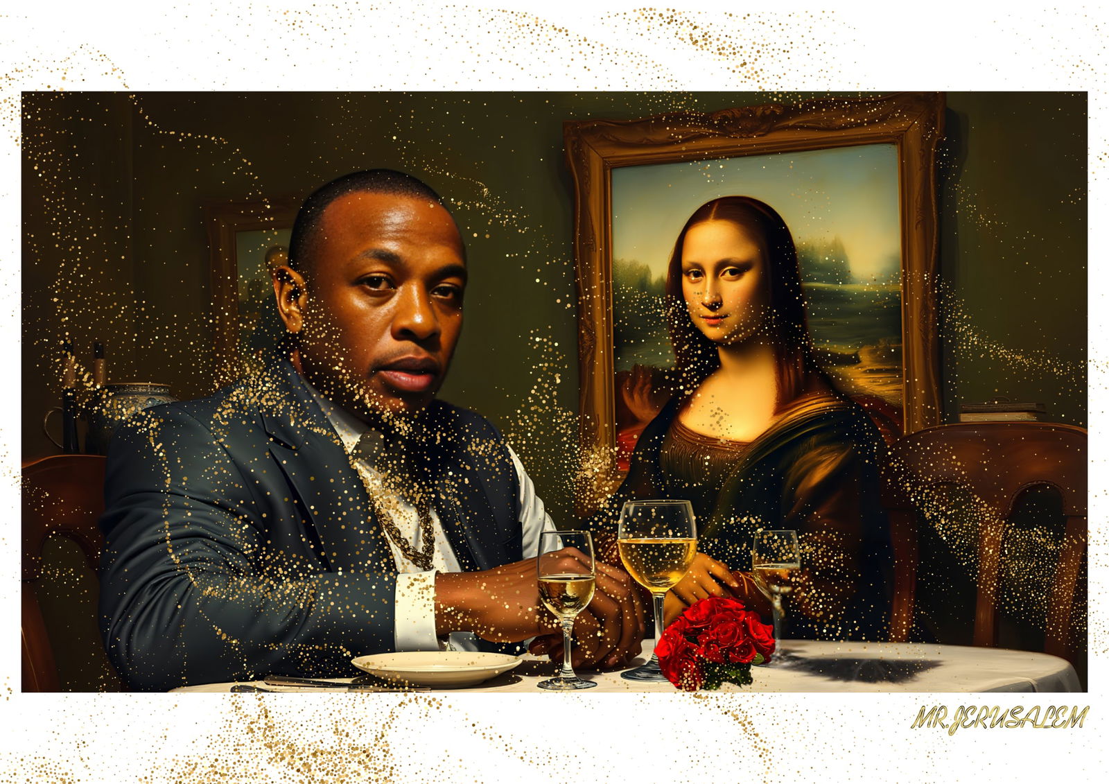 "Mr.Jerusalem, "Dr. Dre having dinner with Mona Lisa-D2" "Original, A2 Poster print, stamped. : Original A2 Poster Digital print on paper, Solid Finishing: Classic (250 gsm gloss) Artist Digital signature Stamped / seal Watermark seal Sizes- 420 X594mm Sold unframed