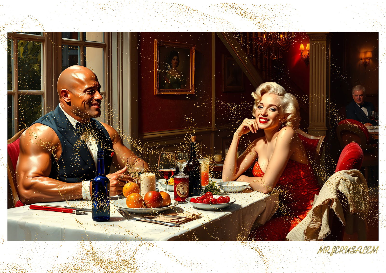 "Mr.Jerusalem, "Dwayne Johnson having dinner with Marilyn Monroe-D2" "Original, A2 Poster prin (1 of 2)