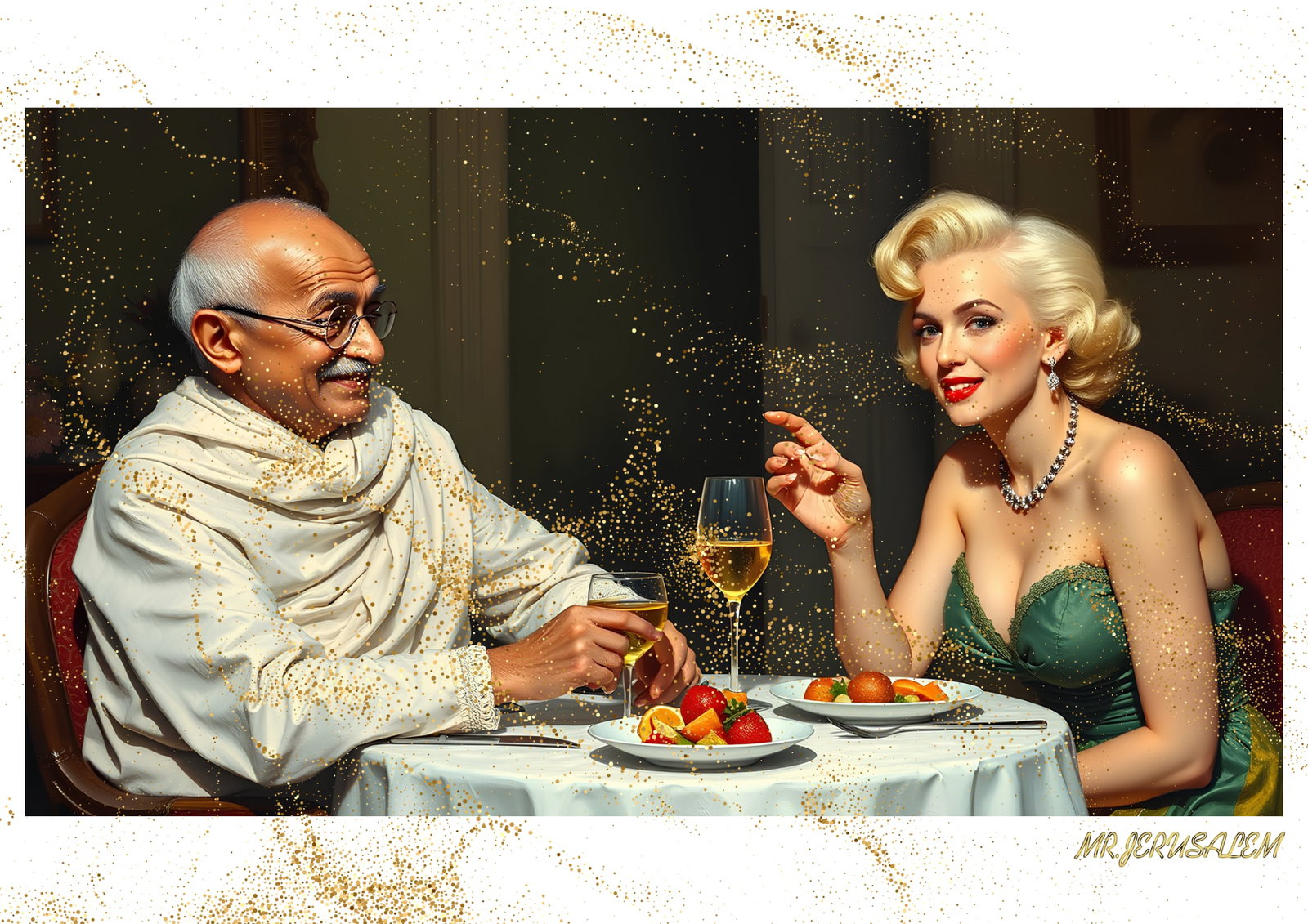 "Mr.Jerusalem, "Gandhi having dinner with Marilyn Monroe-D1" "Original, A2 Poster print, stamp: Original A2 Poster Digital print on paper, Solid Finishing: Classic (250 gsm gloss) Artist Digital signature Stamped / seal Watermark seal Sizes- 420 X594mm Sold unframed
