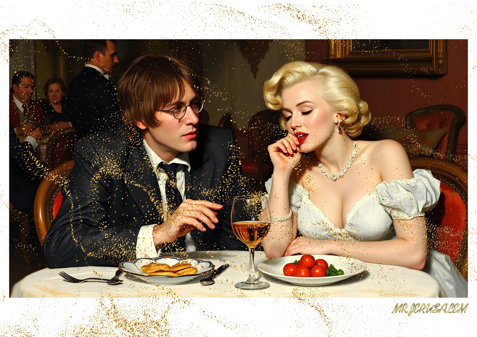 "Mr.Jerusalem, "John Lennon having dinner with Marilyn Monroe-D2" "Original, A2 Poster print, : Original A2 Poster Digital print on paper, Solid Finishing: Classic (250 gsm gloss) Artist Digital signature Stamped / seal Watermark seal Sizes- 420 X594mm Sold unframed