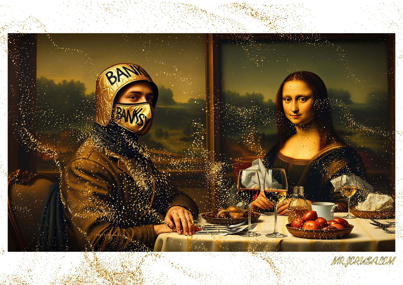 "Mr.Jerusalem, "Banksy having dinner with Mona Lisa-D1" "Original, A2 Poster print, stamped. W: Original A2 Poster Digital print on paper, Solid Finishing: Classic (250 gsm gloss) Artist Digital signature Stamped / seal Watermark seal Sizes- 420 X594mm Sold unframed