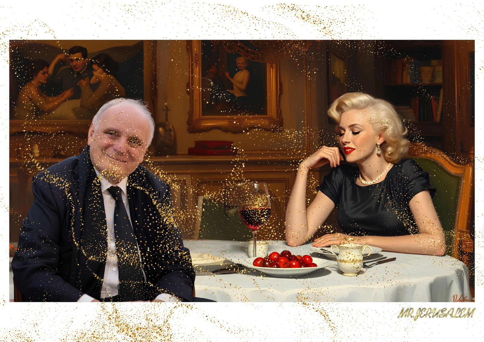 "Mr.Jerusalem, "David Nahmad having dinner with Marilyn Monroe-D1" "Original, A2 Poster print,: Original A2 Poster Digital print on paper, Solid Finishing: Classic (250 gsm gloss) Artist Digital signature Stamped / seal Watermark seal Sizes- 420 X594mm Sold unframed