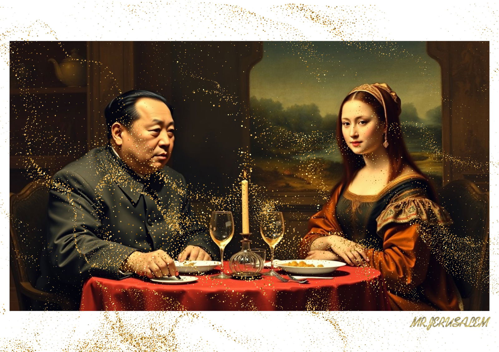"Mr.Jerusalem, "Mao Zedong having dinner with Mona Lisa-D1" "Original, A2 Poster print, stampe: Original A2 Poster Digital print on paper, Solid Finishing: Classic (250 gsm gloss) Artist Digital signature Stamped / seal Watermark seal Sizes- 420 X594mm Sold unframed