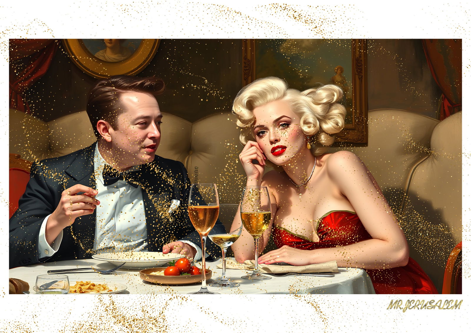 "Mr.Jerusalem, "Elon Musk having dinner with Marilyn Monroe-D2" "Original, A2 Poster print, st: Original A2 Poster Digital print on paper, Solid Finishing: Classic (250 gsm gloss) Artist Digital signature Stamped / seal Watermark seal Sizes- 420 X594mm Sold unframed