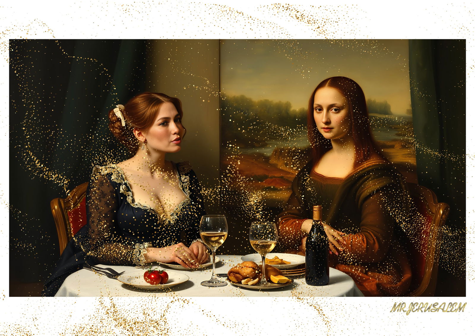 "Mr.Jerusalem, "Jennifer Lopez having dinner with Mona Lisa-D2" "Original, A2 Poster print, st: Original A2 Poster Digital print on paper, Solid Finishing: Classic (250 gsm gloss) Artist Digital signature Stamped / seal Watermark seal Sizes- 420 X594mm Sold unframed