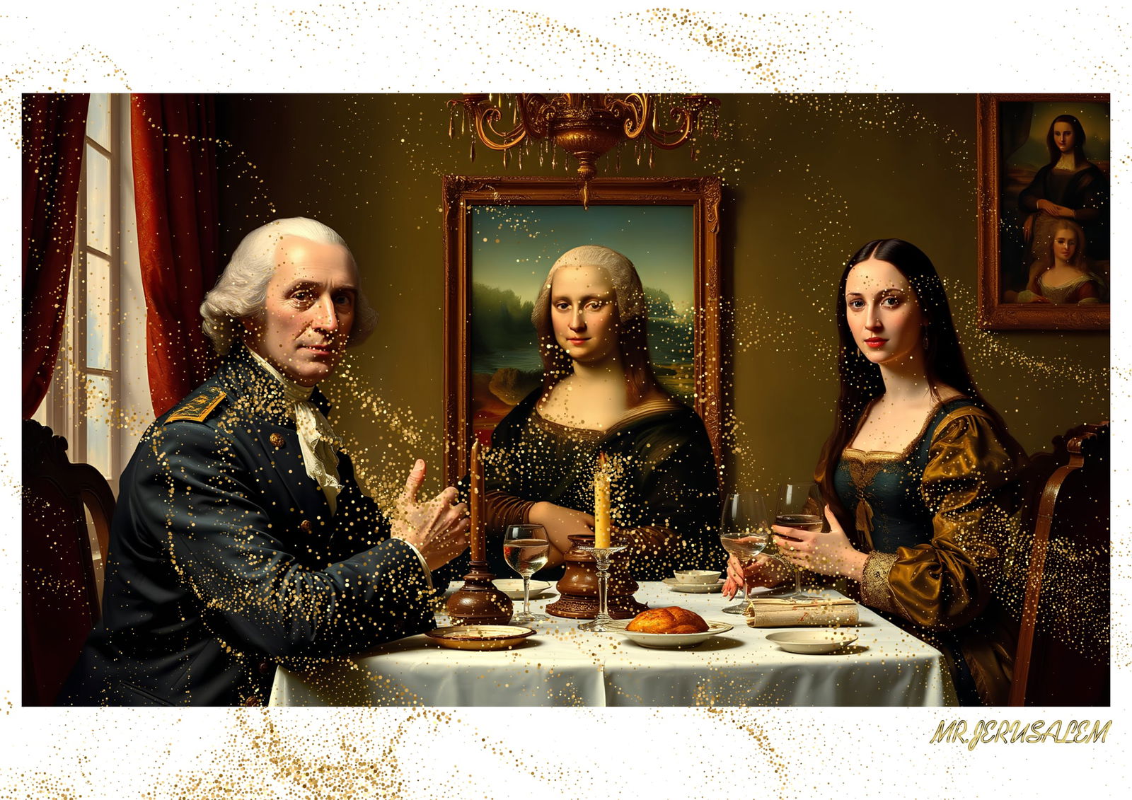 "Mr.Jerusalem, "George Washington having dinner with Mona Lisa-D1" "Original, A2 Poster print, (1 of 2)