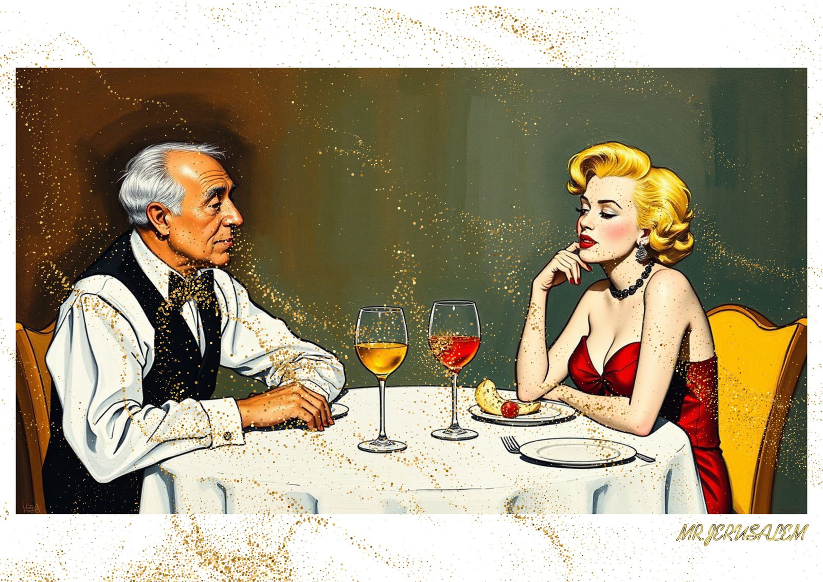 "Mr.Jerusalem, "Joan Miro having dinner with Marilyn Monroe-D1" "Original, A2 Poster print, st: Original A2 Poster Digital print on paper, Solid Finishing: Classic (250 gsm gloss) Artist Digital signature Stamped / seal Watermark seal Sizes- 420 X594mm Sold unframed
