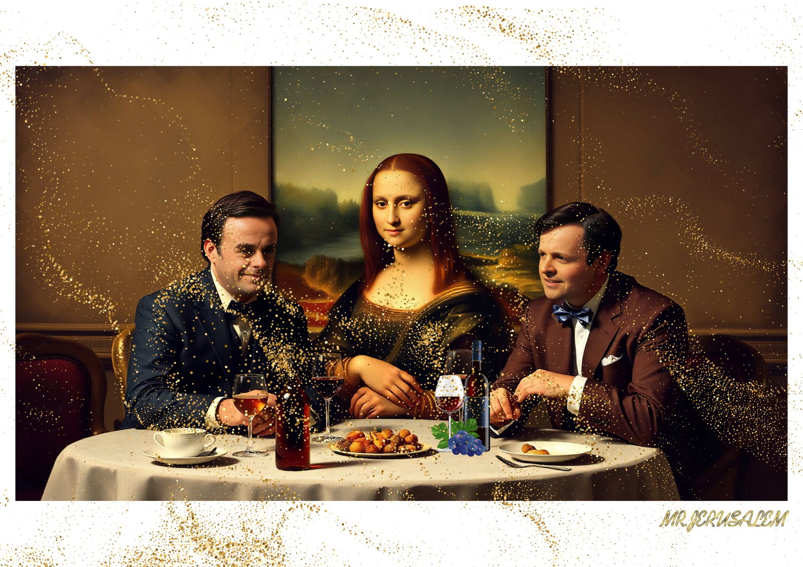 "Mr.Jerusalem, "Ant & Dec having dinner with Mona Lisa-D1" "Original, A2 Poster print, stamped: Original A2 Poster Digital print on paper, Solid Finishing: Classic (250 gsm gloss) Artist Digital signature Stamped / seal Watermark seal Sizes- 420 X594mm Sold unframed