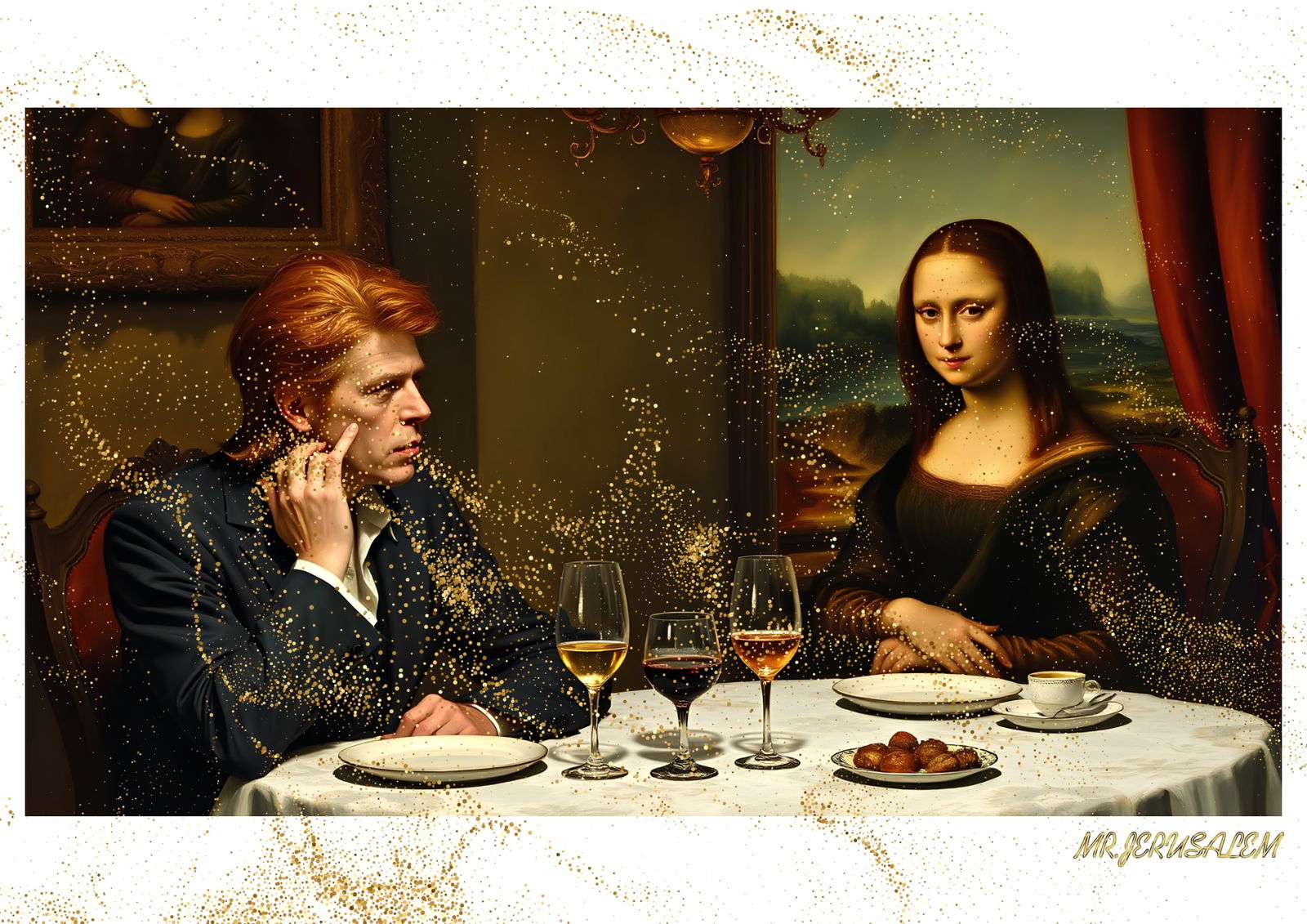 "Mr.Jerusalem, "David Bowie having dinner with Mona Lisa-D2" "Original, A2 Poster print, stamp (1 of 2)