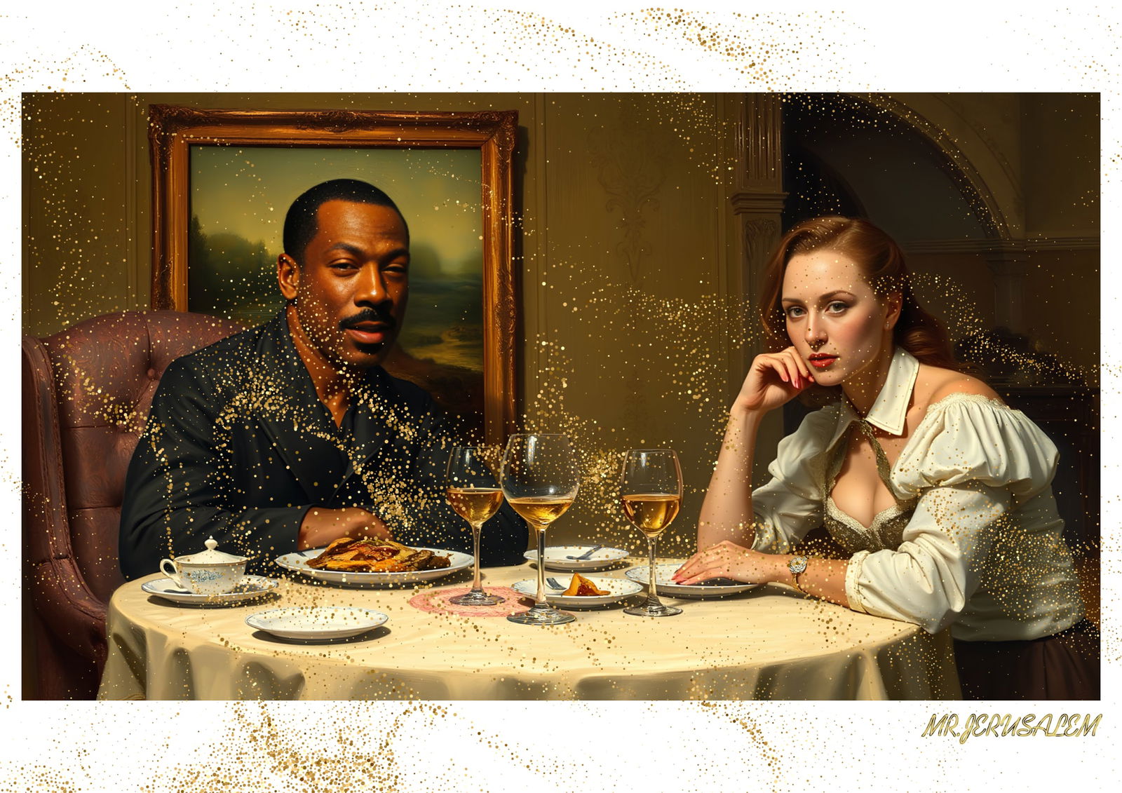 "Mr.Jerusalem, "Eddie Murphy having dinner with Mona Lisa-D2" "Original, A2 Poster print, stam: Original A2 Poster Digital print on paper, Solid Finishing: Classic (250 gsm gloss) Artist Digital signature Stamped / seal Watermark seal Sizes- 420 X594mm Sold unframed