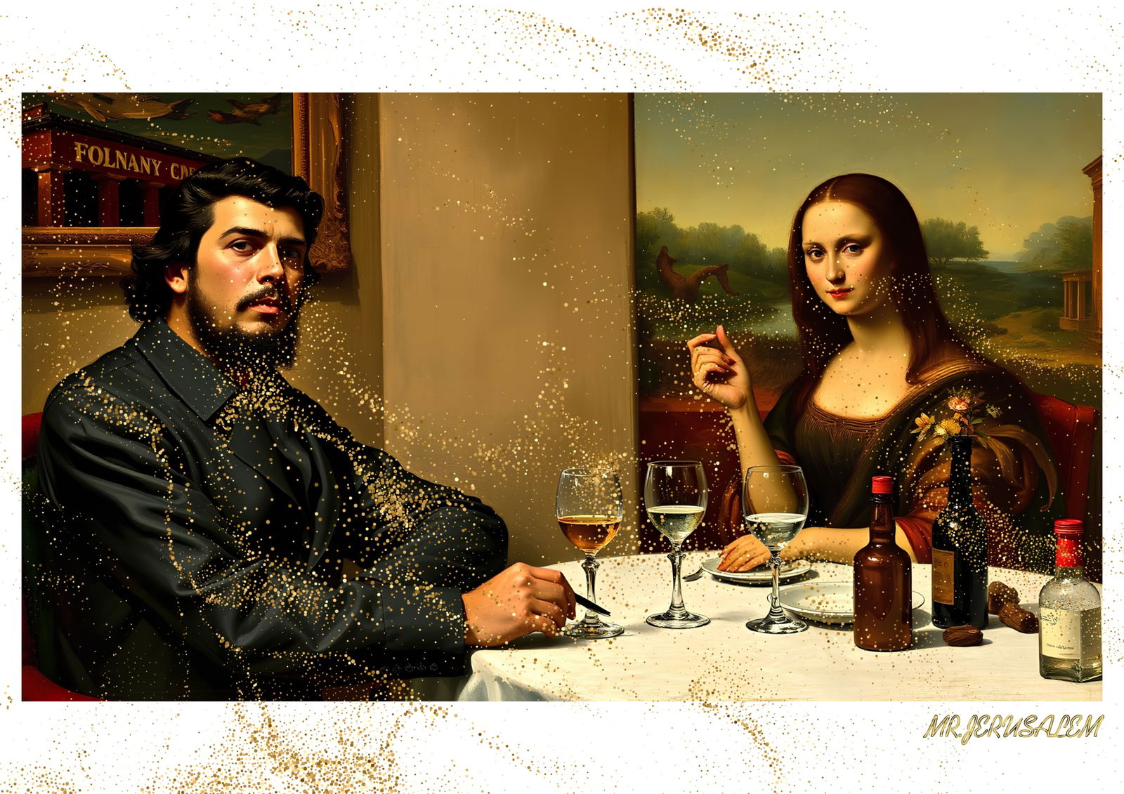 "Mr.Jerusalem, "Che Guevara having dinner with Mona Lisa-D1" "Original, A2 Poster print, stamp: Original A2 Poster Digital print on paper, Solid Finishing: Classic (250 gsm gloss) Artist Digital signature Stamped / seal Watermark seal Sizes- 420 X594mm Sold unframed