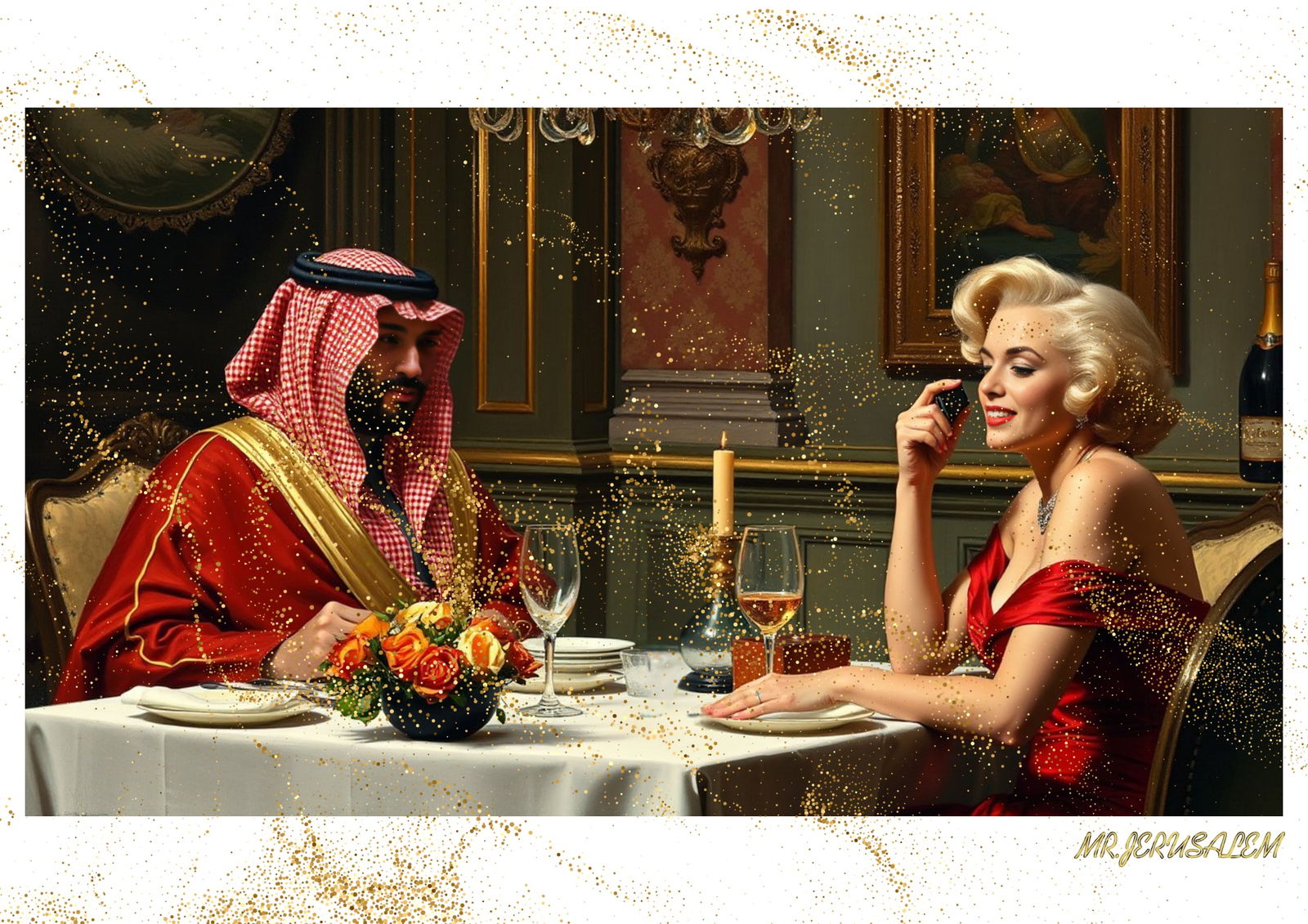 "Mr.Jerusalem, "Mohammad Bin Salman having dinner with Marilyn Monroe-D2" "Original, A2 Poster: Original A2 Poster Digital print on paper, Solid Finishing: Classic (250 gsm gloss) Artist Digital signature Stamped / seal Watermark seal Sizes- 420 X594mm Sold unframed