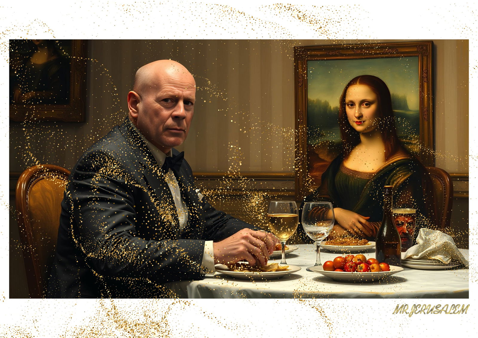 "Mr.Jerusalem, "Bruce Willis having dinner with Mona Lisa-D1" "Original, A2 Poster print, stam: Original A2 Poster Digital print on paper, Solid Finishing: Classic (250 gsm gloss) Artist Digital signature Stamped / seal Watermark seal Sizes- 420 X594mm Sold unframed