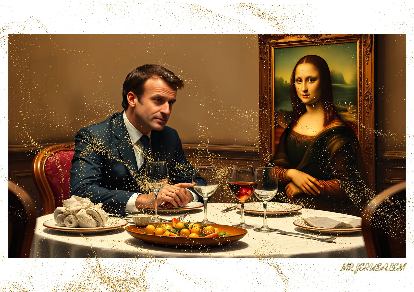 "Mr.Jerusalem, "Emmanuel Macron having dinner with Mona Lisa-D2" "Original, A2 Poster print, s (1 of 2)