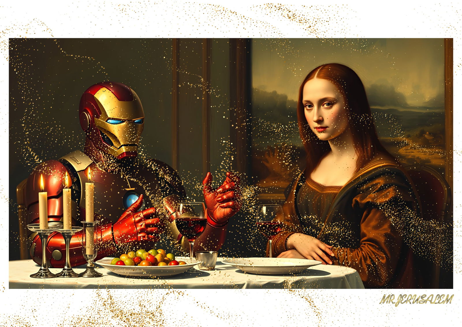 "Mr.Jerusalem, "Ironman having dinner with Mona Lisa-D1" "Original, A2 Poster print, stamped. : Original A2 Poster Digital print on paper, Solid Finishing: Classic (250 gsm gloss) Artist Digital signature Stamped / seal Watermark seal Sizes- 420 X594mm Sold unframed