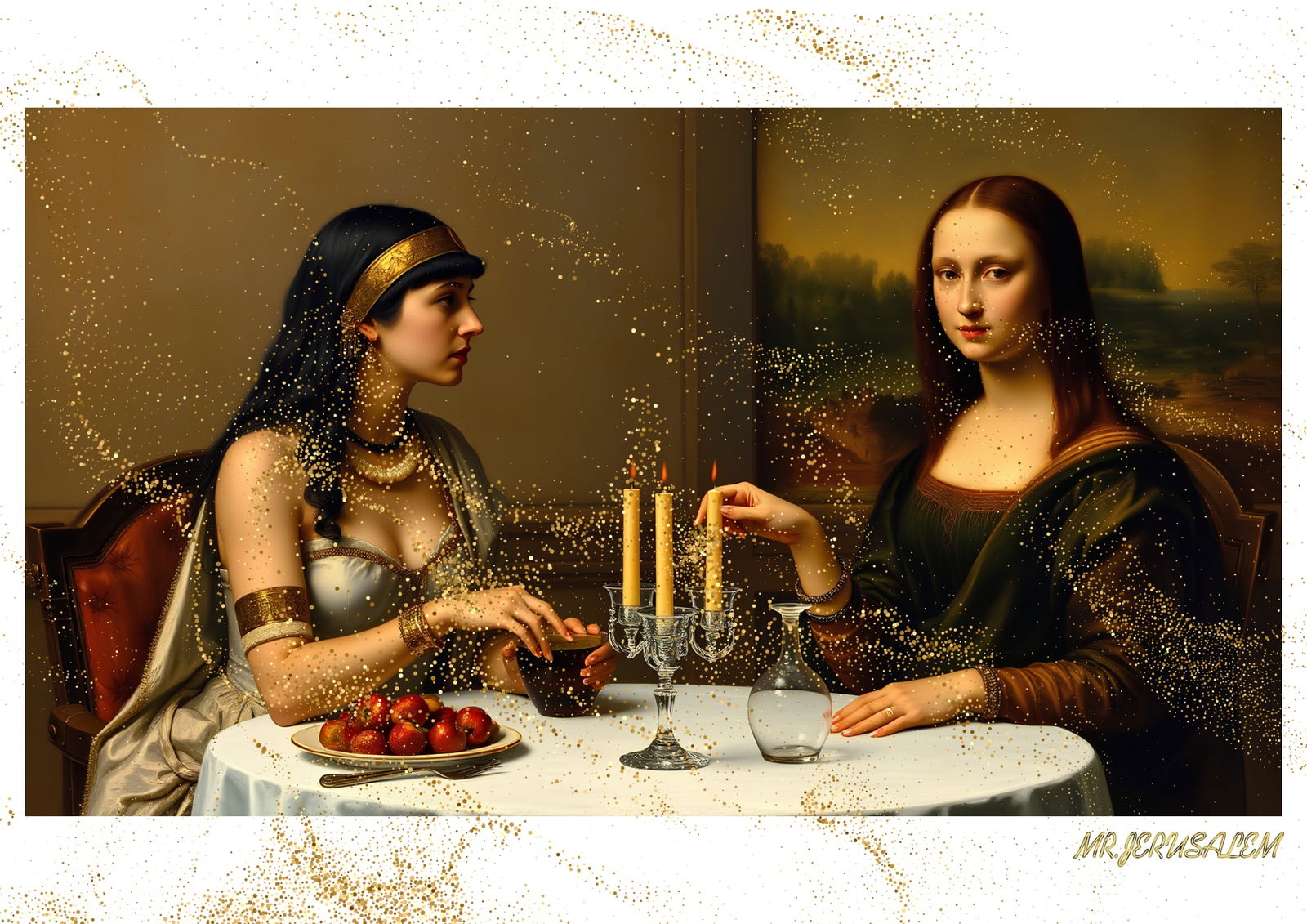 "Mr.Jerusalem, "Cleopatra having dinner with Mona Lisa-D2" "Original, A2 Poster print, stamped: Original A2 Poster Digital print on paper, Solid Finishing: Classic (250 gsm gloss) Artist Digital signature Stamped / seal Watermark seal Sizes- 420 X594mm Sold unframed