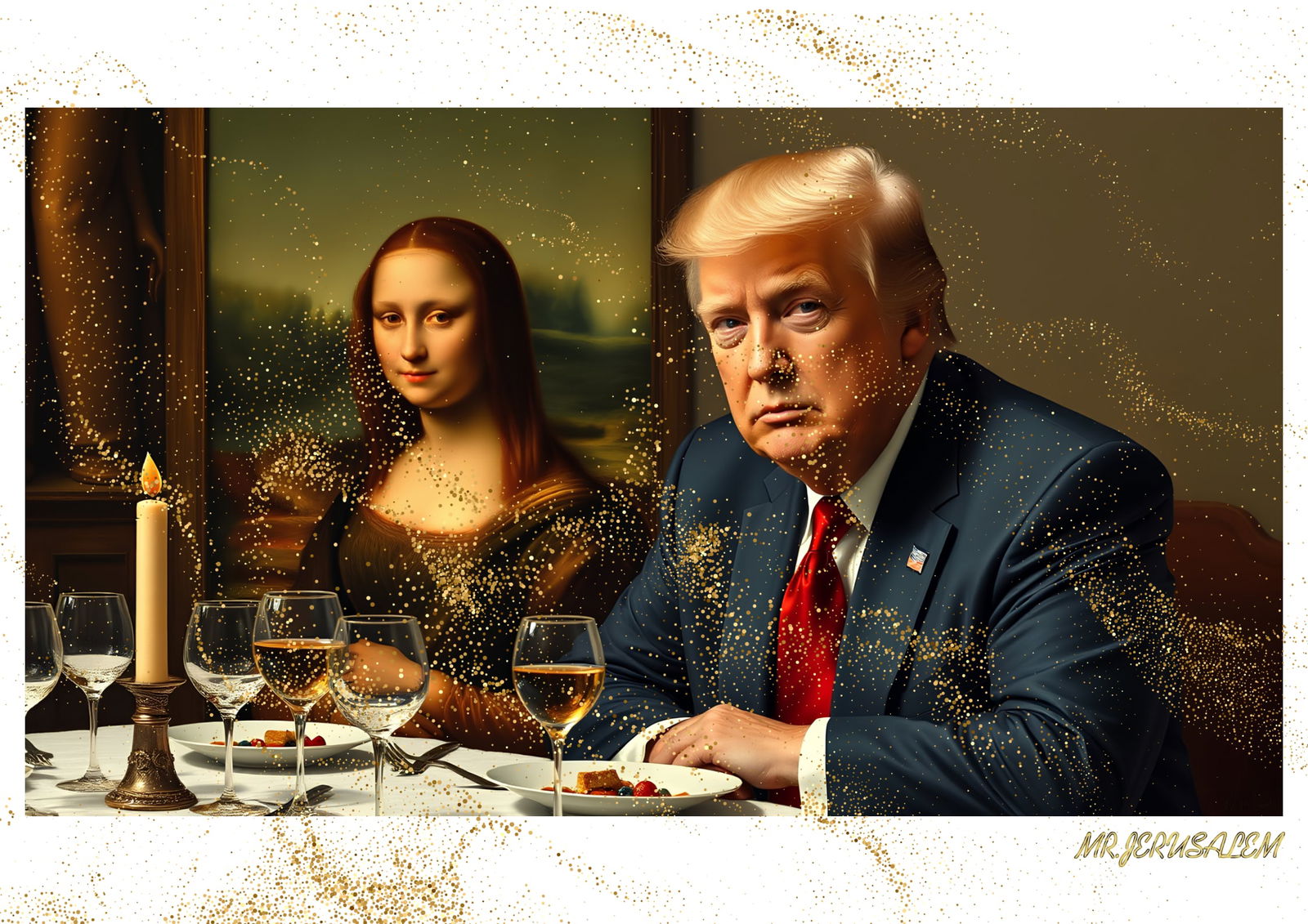 "Mr.Jerusalem, "Donald Trump having dinner with Mona Lisa-D2" "Original, A2 Poster print, stam: Original A2 Poster Digital print on paper, Solid Finishing: Classic (250 gsm gloss) Artist Digital signature Stamped / seal Watermark seal Sizes- 420 X594mm Sold unframed