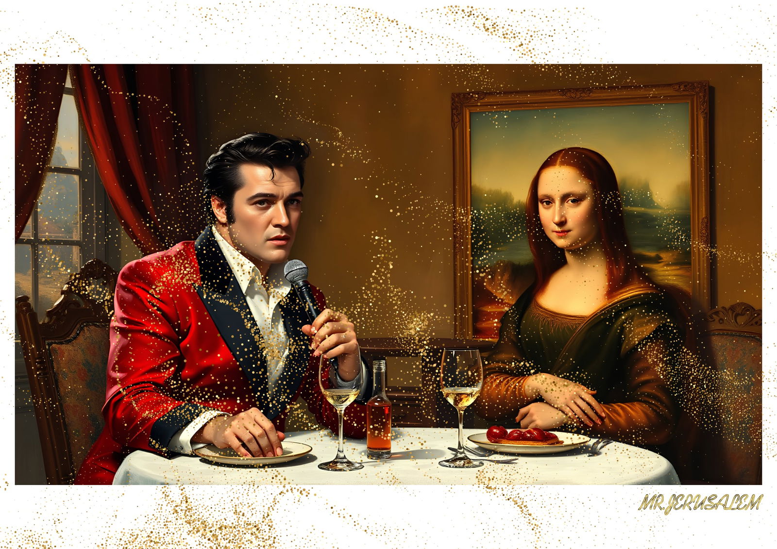 "Mr.Jerusalem, "Elvis Presley having dinner with Mona Lisa-D2" "Original, A2 Poster print, sta (1 of 2)