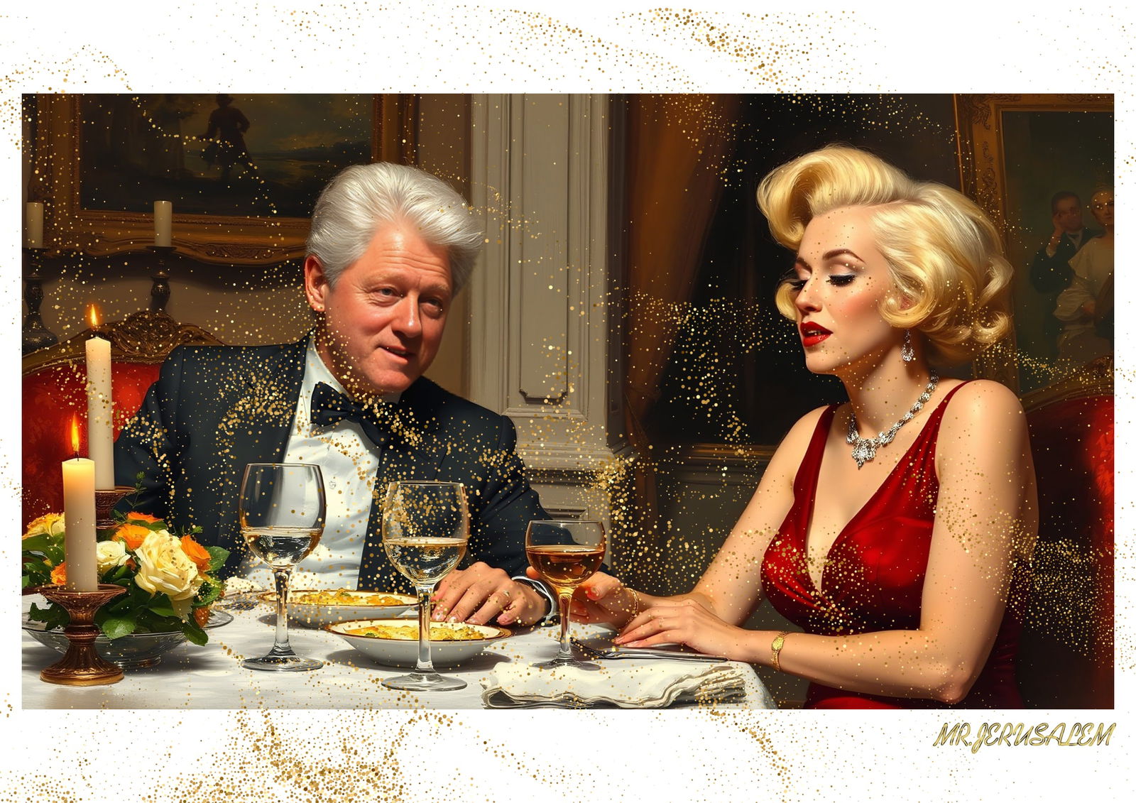 "Mr.Jerusalem, "Bill Clinton having dinner with Marilyn Monroe-D1" "Original, A2 Poster print,: Original A2 Poster Digital print on paper, Solid Finishing: Classic (250 gsm gloss) Artist Digital signature Stamped / seal Watermark seal Sizes- 420 X594mm Sold unframed