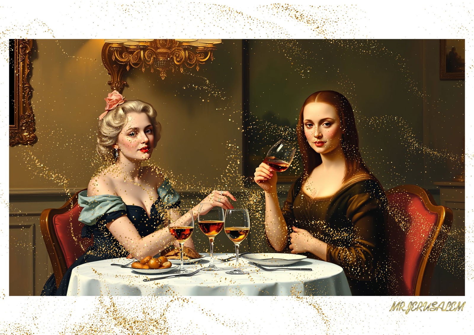 "Mr.Jerusalem, "Marilyn Monroe having dinner with Mona Lisa-D2" "Original, A2 Poster print, st (1 of 2)