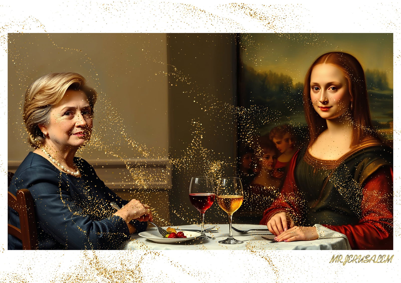 "Mr.Jerusalem, "Hillary Clinton having dinner with Mona Lisa-D2" "Original, A2 Poster print, s (1 of 2)