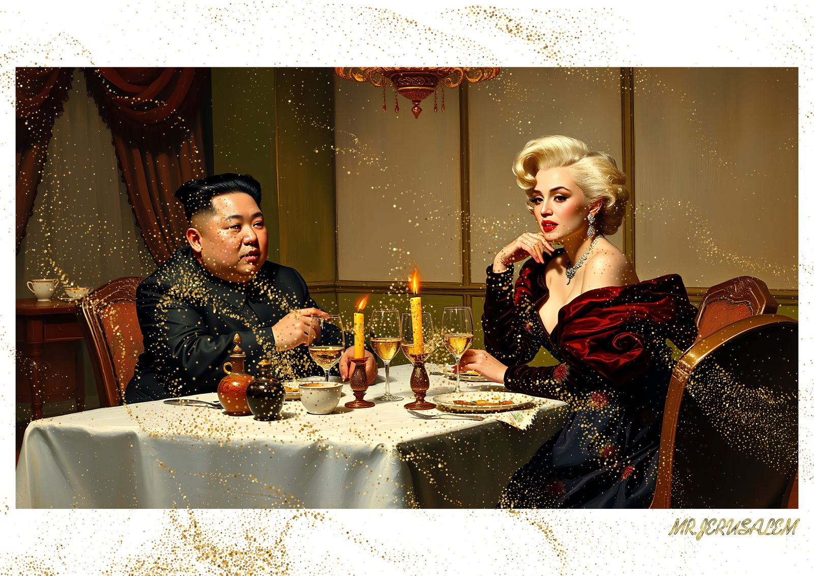 "Mr.Jerusalem, "Kim Jong Un having dinner with Marilyn Monroe-D1" "Original, A2 Poster print, : Original A2 Poster Digital print on paper, Solid Finishing: Classic (250 gsm gloss) Artist Digital signature Stamped / seal Watermark seal Sizes- 420 X594mm Sold unframed