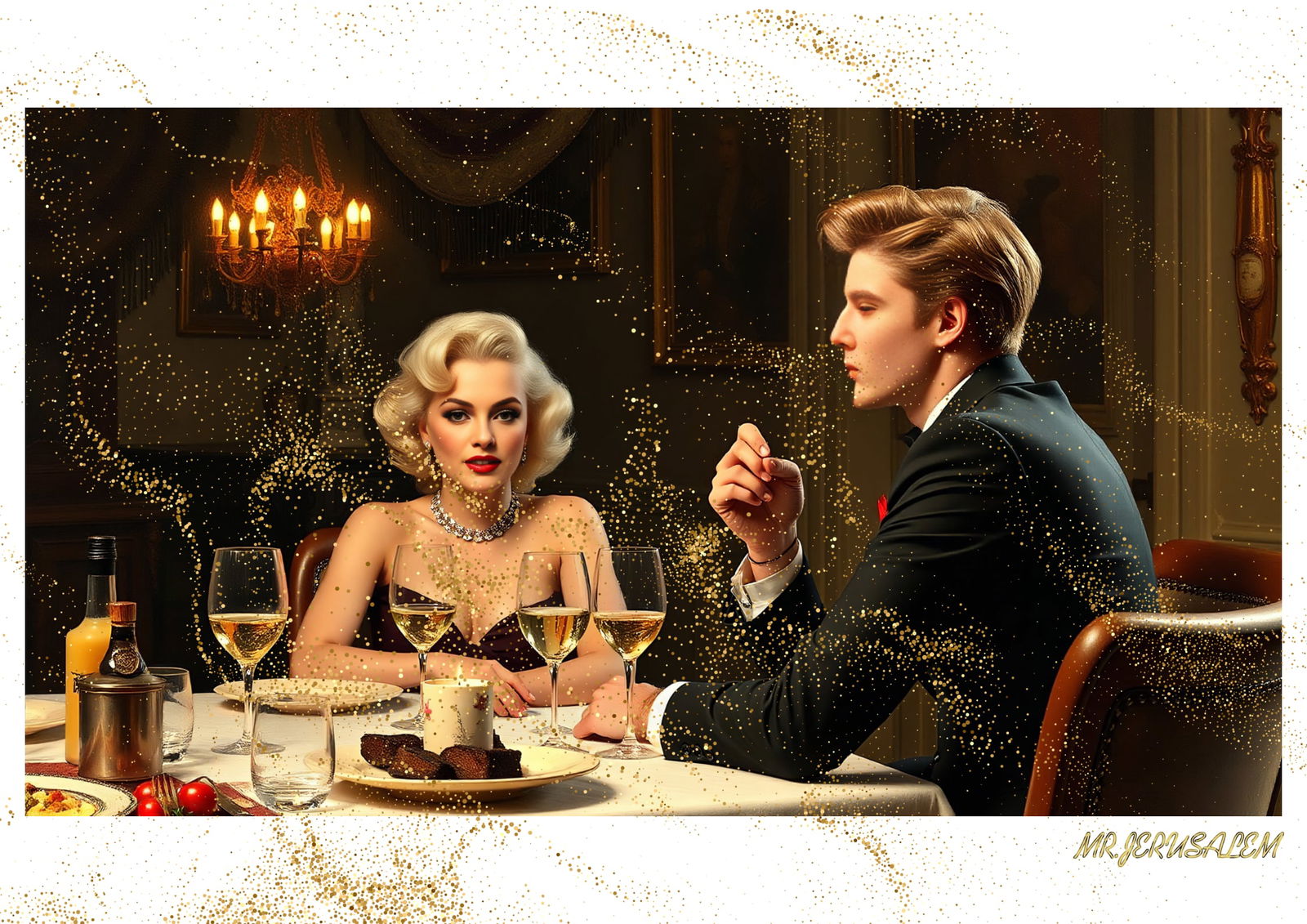 "Mr.Jerusalem, "Barron Trump having dinner with Marilyn Monroe-D2" "Original, A2 Poster print,: Original A2 Poster Digital print on paper, Solid Finishing: Classic (250 gsm gloss) Artist Digital signature Stamped / seal Watermark seal Sizes- 420 X594mm Sold unframed