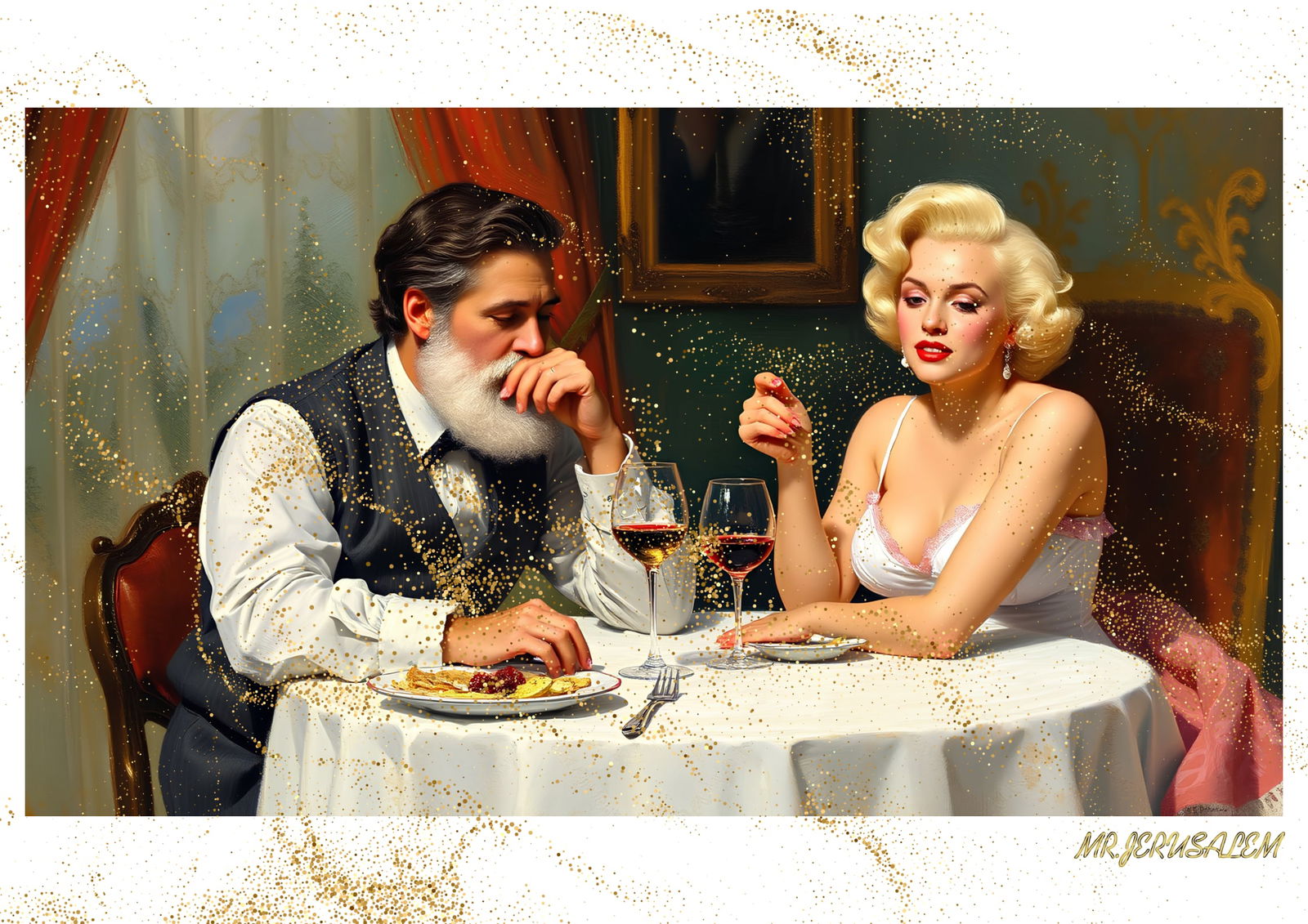 "Mr.Jerusalem, "Claude Monet having dinner with Marilyn Monroe-D1" "Original, A2 Poster print,: Original A2 Poster Digital print on paper, Solid Finishing: Classic (250 gsm gloss) Artist Digital signature Stamped / seal Watermark seal Sizes- 420 X594mm Sold unframed