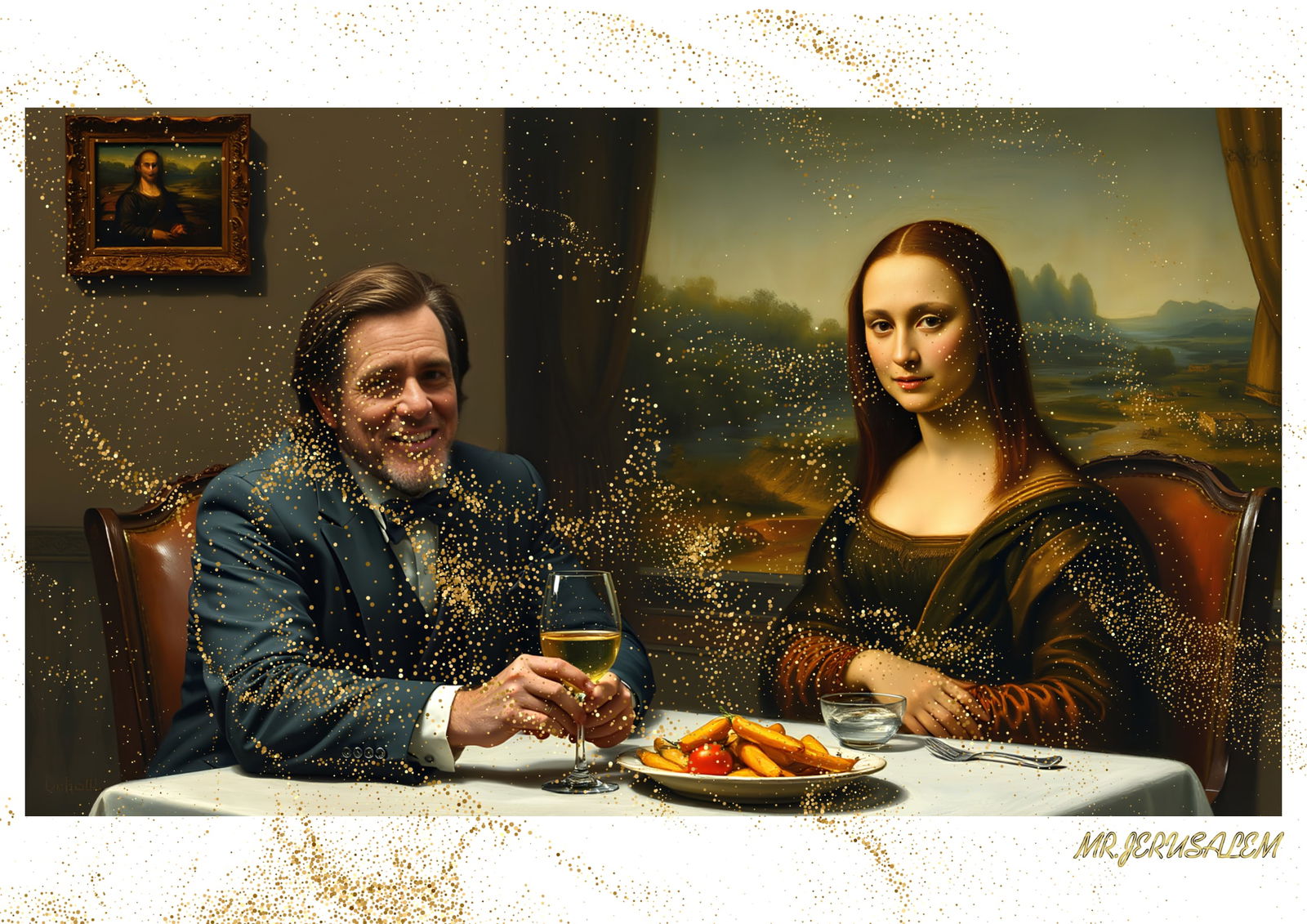 "Mr.Jerusalem, "Jim Carrey having dinner with Mona Lisa-D1" "Original, A2 Poster print, stampe: Original A2 Poster Digital print on paper, Solid Finishing: Classic (250 gsm gloss) Artist Digital signature Stamped / seal Watermark seal Sizes- 420 X594mm Sold unframed