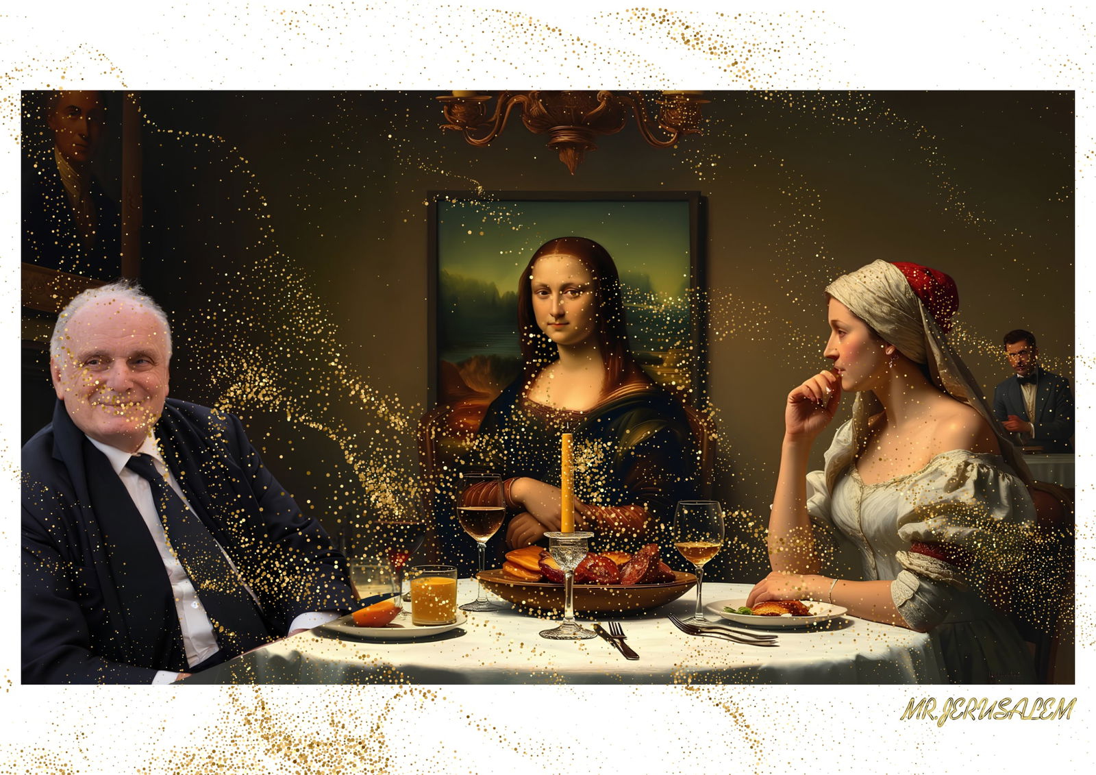 "Mr.Jerusalem, "David Nahmad having dinner with Mona Lisa-D2" "Original, A2 Poster print, stam (1 of 2)