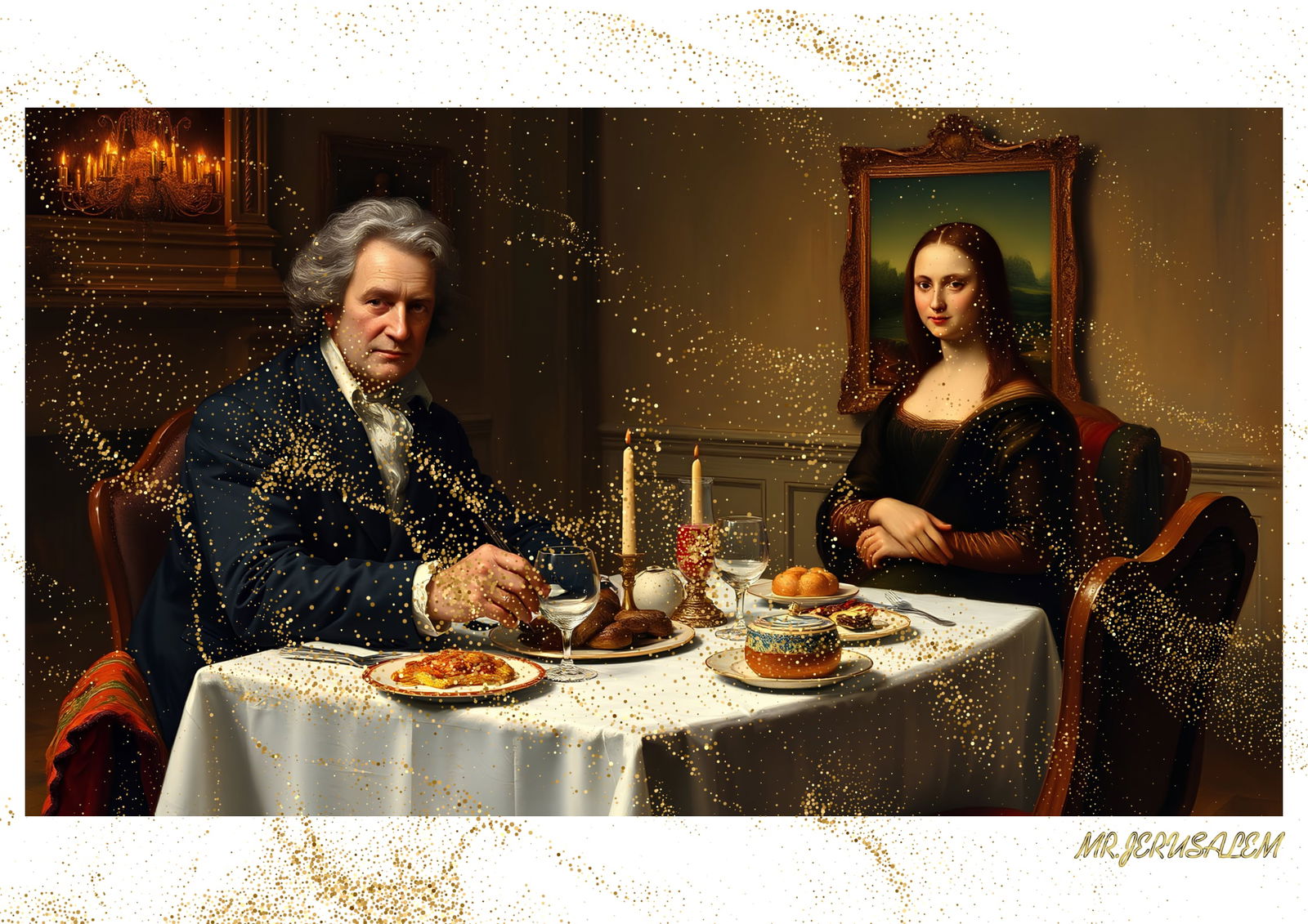 "Mr.Jerusalem, "Beethoven having dinner with Mona Lisa-D2" "Original, A2 Poster print, stamped (1 of 2)
