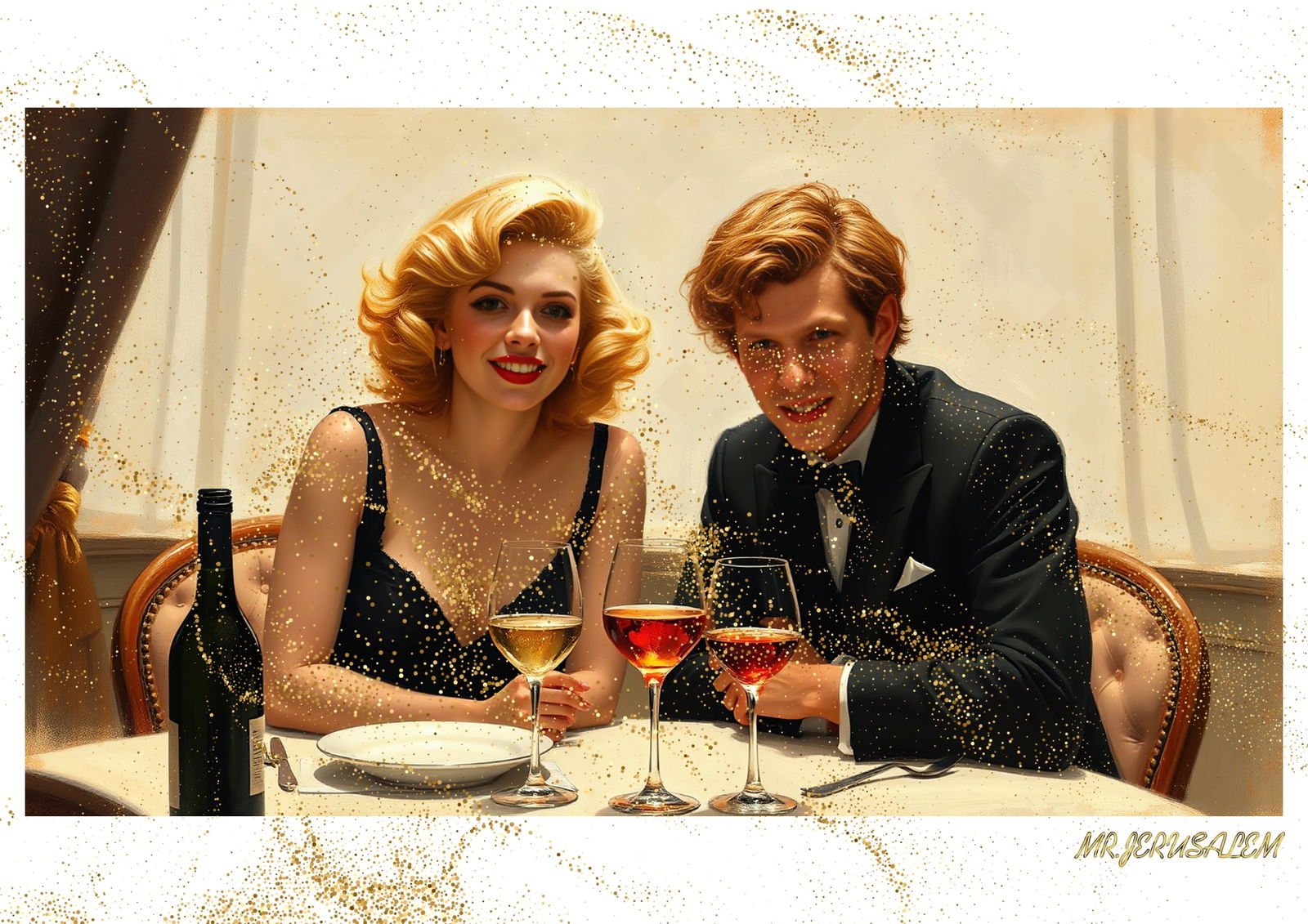 "Mr.Jerusalem, "Jesse Eisenberg having dinner with Marilyn Monroe-D1" "Original, A2 Poster pri: Original A2 Poster Digital print on paper, Solid Finishing: Classic (250 gsm gloss) Artist Digital signature Stamped / seal Watermark seal Sizes- 420 X594mm Sold unframed