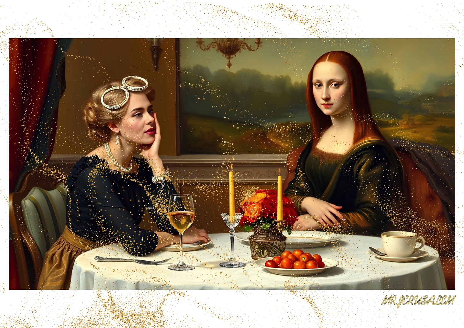 "Mr.Jerusalem, "Adele having dinner with Mona Lisa-D1" "Original, A2 Poster print, stamped. Wa: Original A2 Poster Digital print on paper, Solid Finishing: Classic (250 gsm gloss) Artist Digital signature Stamped / seal Watermark seal Sizes- 420 X594mm Sold unframed