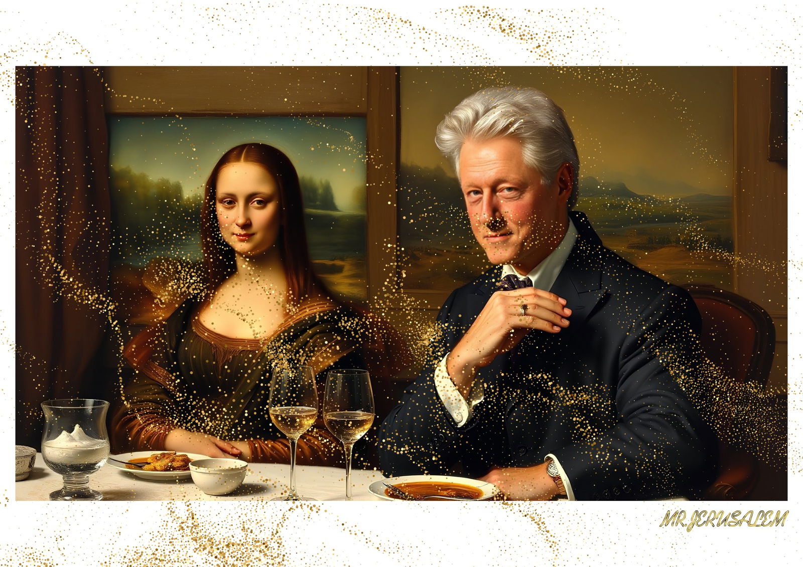 "Mr.Jerusalem, "Bill Clinton having dinner with Mona Lisa-D1" "Original, A2 Poster print, stam: Original A2 Poster Digital print on paper, Solid Finishing: Classic (250 gsm gloss) Artist Digital signature Stamped / seal Watermark seal Sizes- 420 X594mm Sold unframed