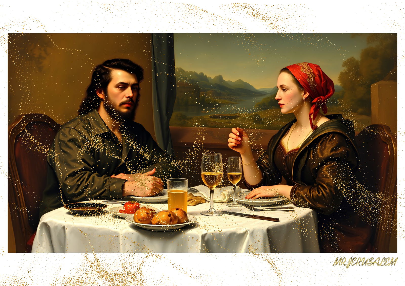 "Mr.Jerusalem, "Che Guevara having dinner with Mona Lisa-D2" "Original, A2 Poster print, stamp: Original A2 Poster Digital print on paper, Solid Finishing: Classic (250 gsm gloss) Artist Digital signature Stamped / seal Watermark seal Sizes- 420 X594mm Sold unframed