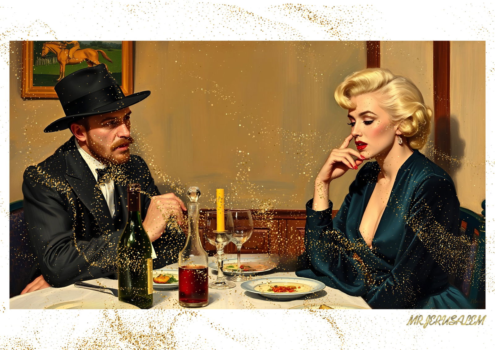 "Mr.Jerusalem, "Edvard Munch having dinner with Marilyn Monroe-D2" "Original, A2 Poster print,: Original A2 Poster Digital print on paper, Solid Finishing: Classic (250 gsm gloss) Artist Digital signature Stamped / seal Watermark seal Sizes- 420 X594mm Sold unframed