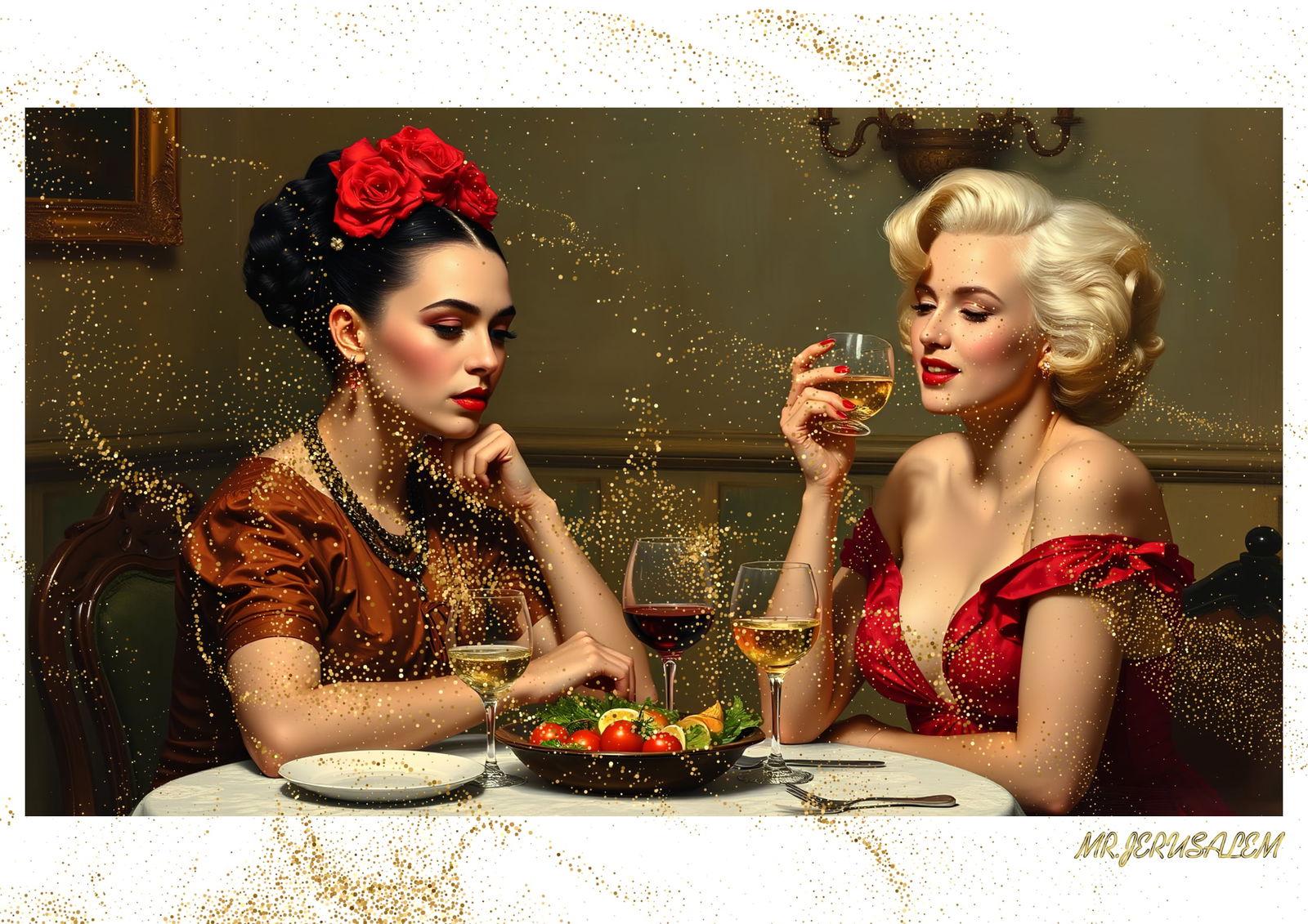 "Mr.Jerusalem, "Frida Kahlo having dinner with Marilyn Monroe-D2" "Original, A2 Poster print,  (1 of 2)