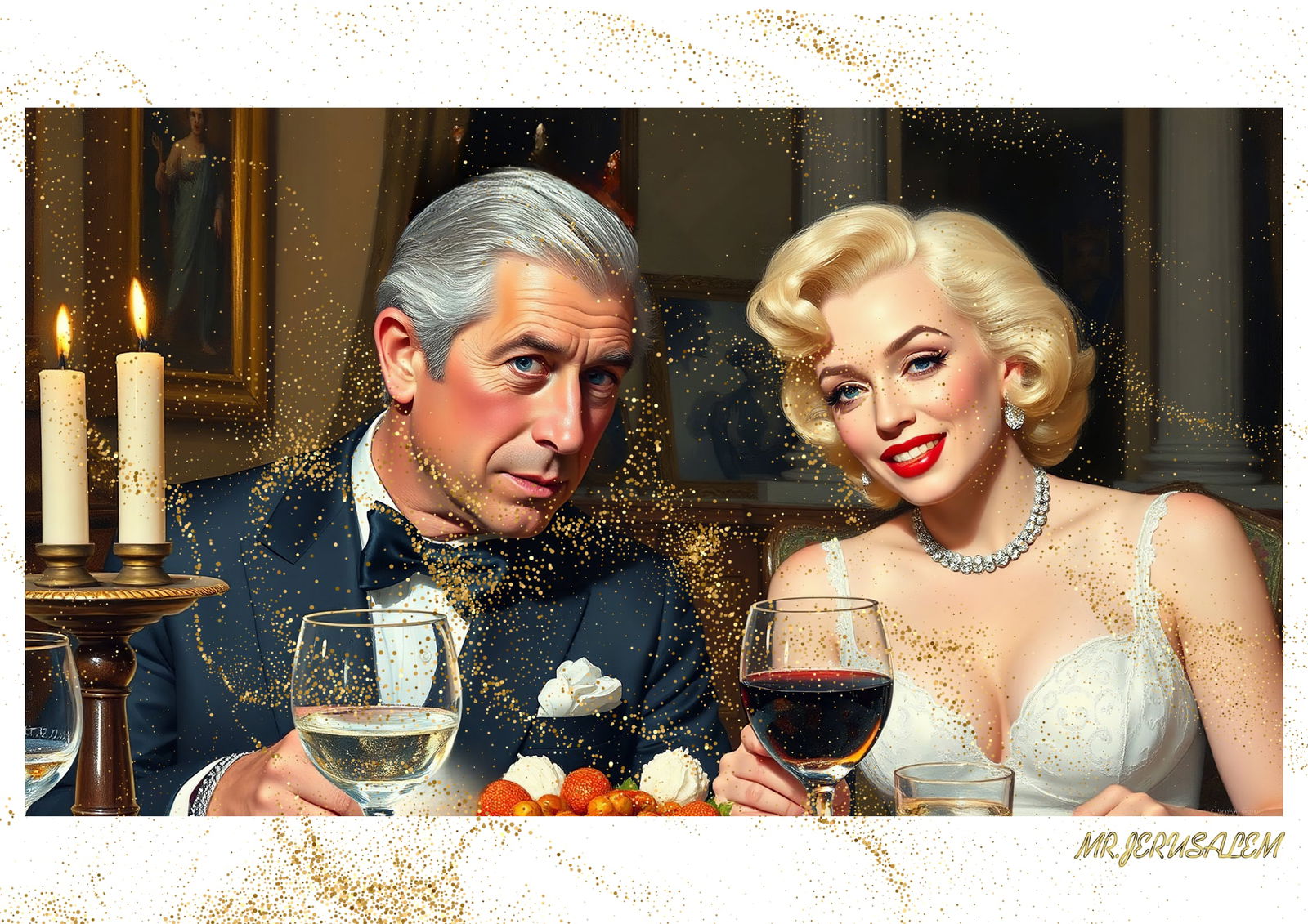 "Mr.Jerusalem, "King Charles III having dinner with Marilyn Monroe-D1" "Original, A2 Poster pr: Original A2 Poster Digital print on paper, Solid Finishing: Classic (250 gsm gloss) Artist Digital signature Stamped / seal Watermark seal Sizes- 420 X594mm Sold unframed