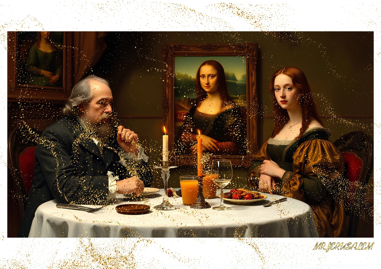 "Mr.Jerusalem, "Charles Dickens having dinner with Mona Lisa-D1" "Original, A2 Poster print, s: Original A2 Poster Digital print on paper, Solid Finishing: Classic (250 gsm gloss) Artist Digital signature Stamped / seal Watermark seal Sizes- 420 X594mm Sold unframed