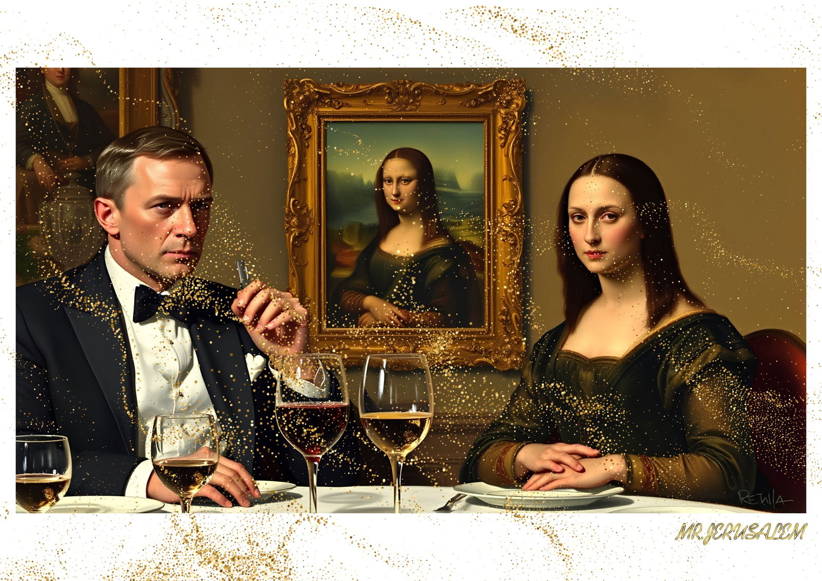 "Mr.Jerusalem, "James Bond having dinner with Mona Lisa-D2" "Original, A2 Poster print, stampe (1 of 2)
