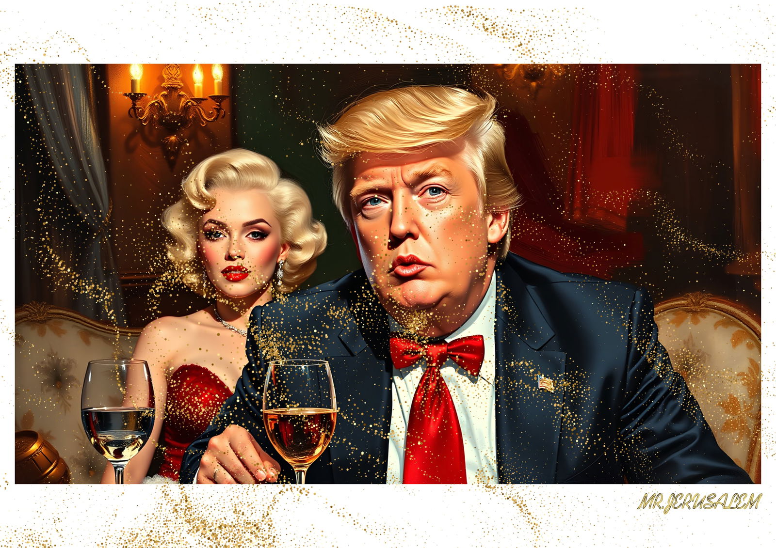 "Mr.Jerusalem, "Donald Trump having dinner with Marilyn Monroe-D1" "Original, A2 Poster print,: Original A2 Poster Digital print on paper, Solid Finishing: Classic (250 gsm gloss) Artist Digital signature Stamped / seal Watermark seal Sizes- 420 X594mm Sold unframed
