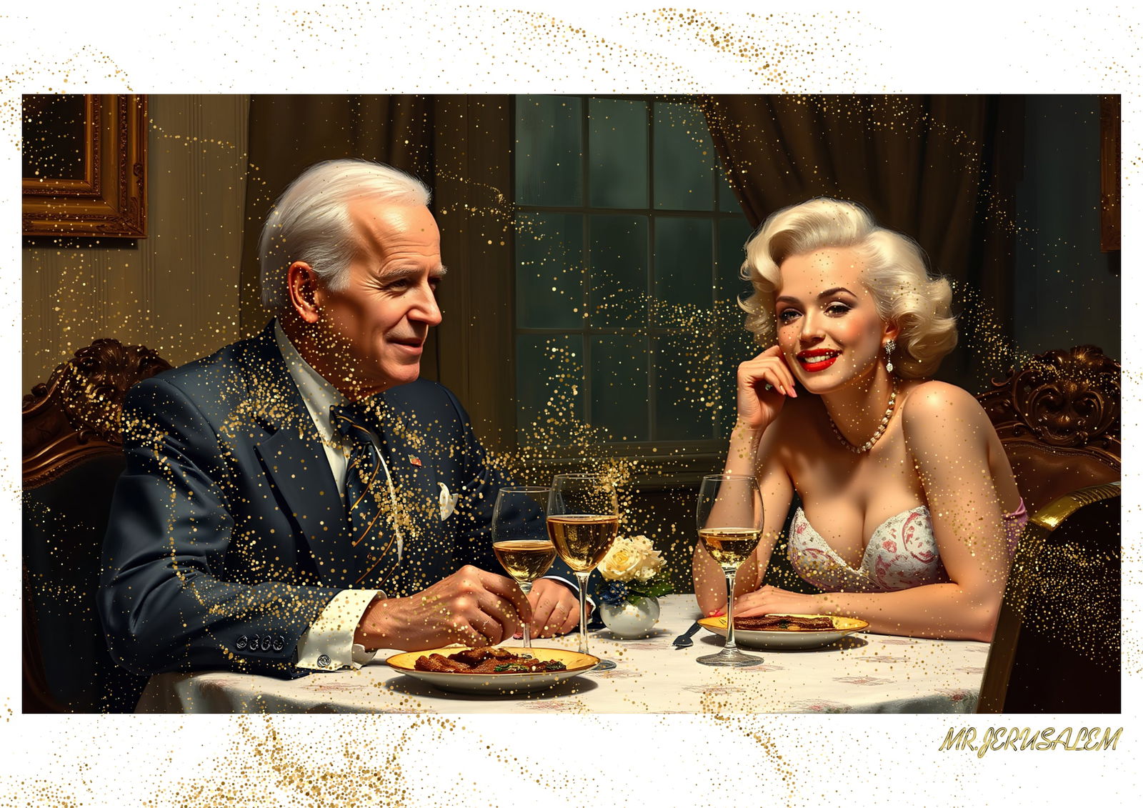 "Mr.Jerusalem, "Joe Biden having dinner with Marilyn Monroe-D1" "Original, A2 Poster print, st: Original A2 Poster Digital print on paper, Solid Finishing: Classic (250 gsm gloss) Artist Digital signature Stamped / seal Watermark seal Sizes- 420 X594mm Sold unframed