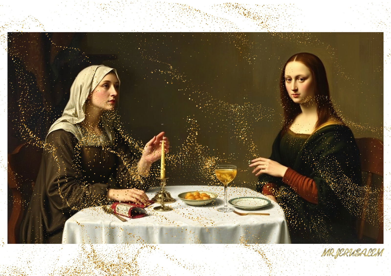 "Mr.Jerusalem, "Mary Madgalene having dinner with Mona Lisa-D2" "Original, A2 Poster print, st: Original A2 Poster Digital print on paper, Solid Finishing: Classic (250 gsm gloss) Artist Digital signature Stamped / seal Watermark seal Sizes- 420 X594mm Sold unframed