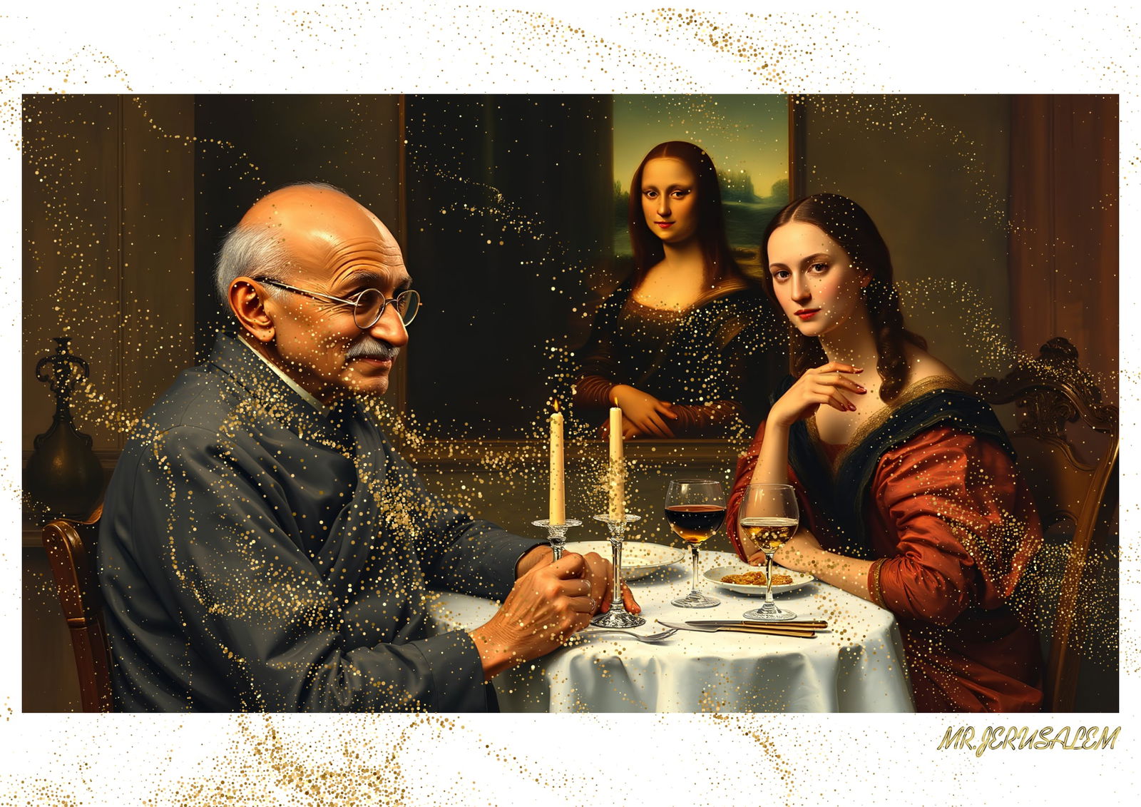 "Mr.Jerusalem, "Gandhi having dinner with Mona Lisa-D2" "Original, A2 Poster print, stamped. W: Original A2 Poster Digital print on paper, Solid Finishing: Classic (250 gsm gloss) Artist Digital signature Stamped / seal Watermark seal Sizes- 420 X594mm Sold unframed